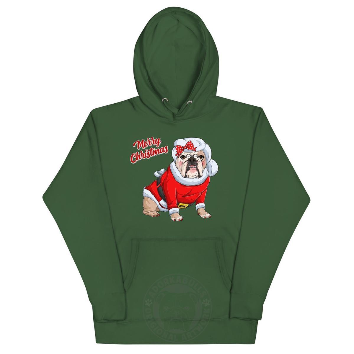 "Merry Christmas" Mrs. Claus Bulldog Unisex Hoodie | Fawn & White Colored
