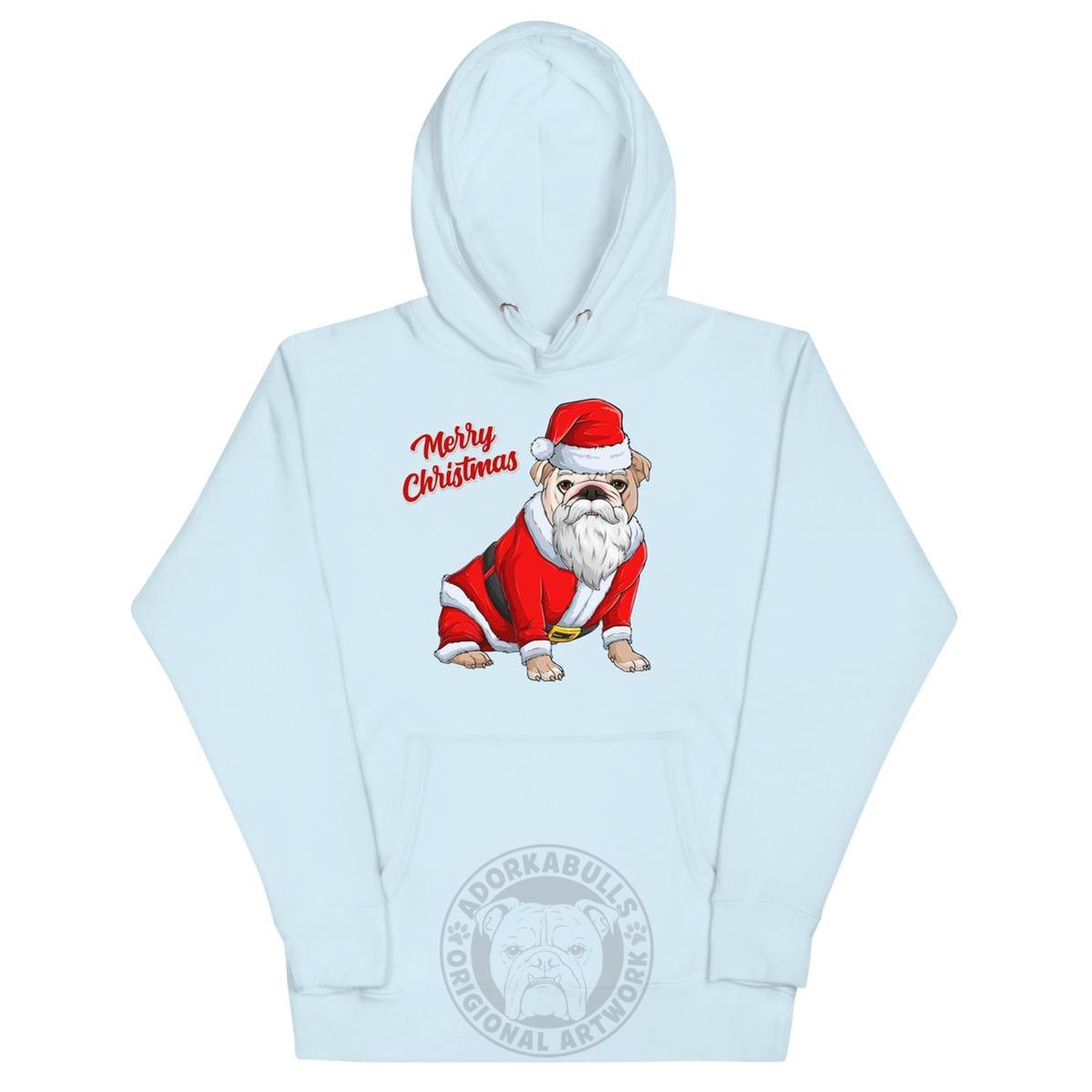 "Merry Christmas" Mrs. Claus Bulldog Unisex Hoodie | Fawn & White Colored