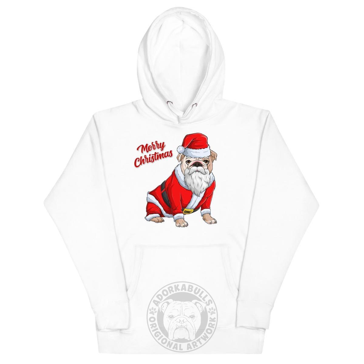 "Merry Christmas" Mrs. Claus Bulldog Unisex Hoodie | Fawn & White Colored