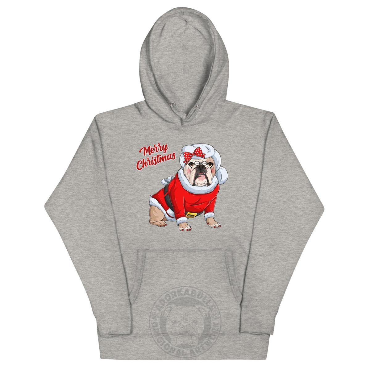 "Merry Christmas" Mrs. Claus Bulldog Unisex Hoodie | Fawn & White Colored