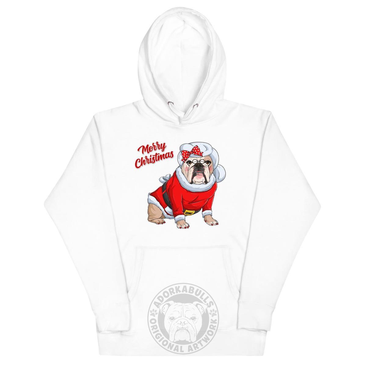 "Merry Christmas" Mrs. Claus Bulldog Unisex Hoodie | Fawn & White Colored