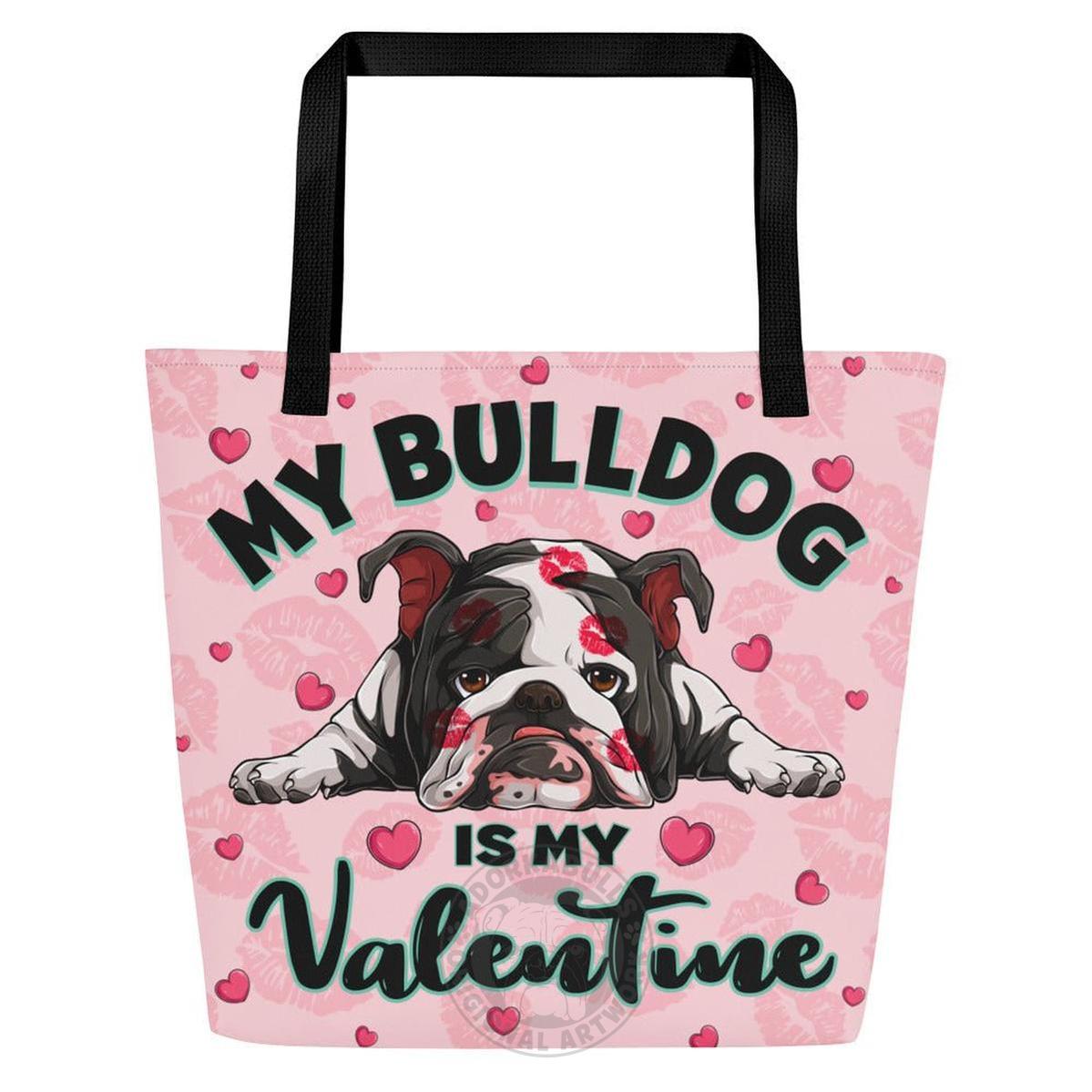 "My Bulldog Is My Valentine" Large Tote Bag with Pocket | B&W Colored