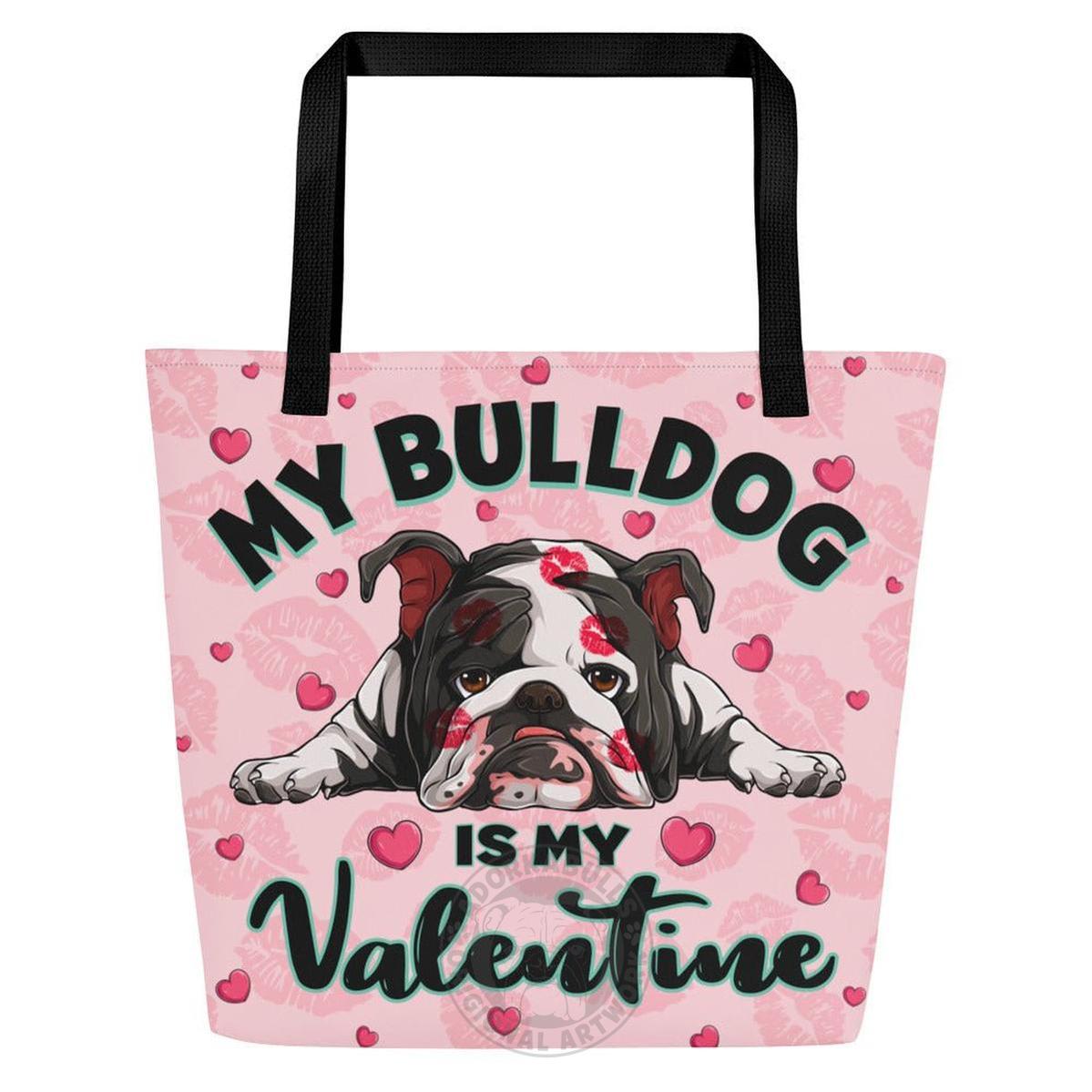 "My Bulldog Is My Valentine" Large Tote Bag with Pocket | B&W Colored