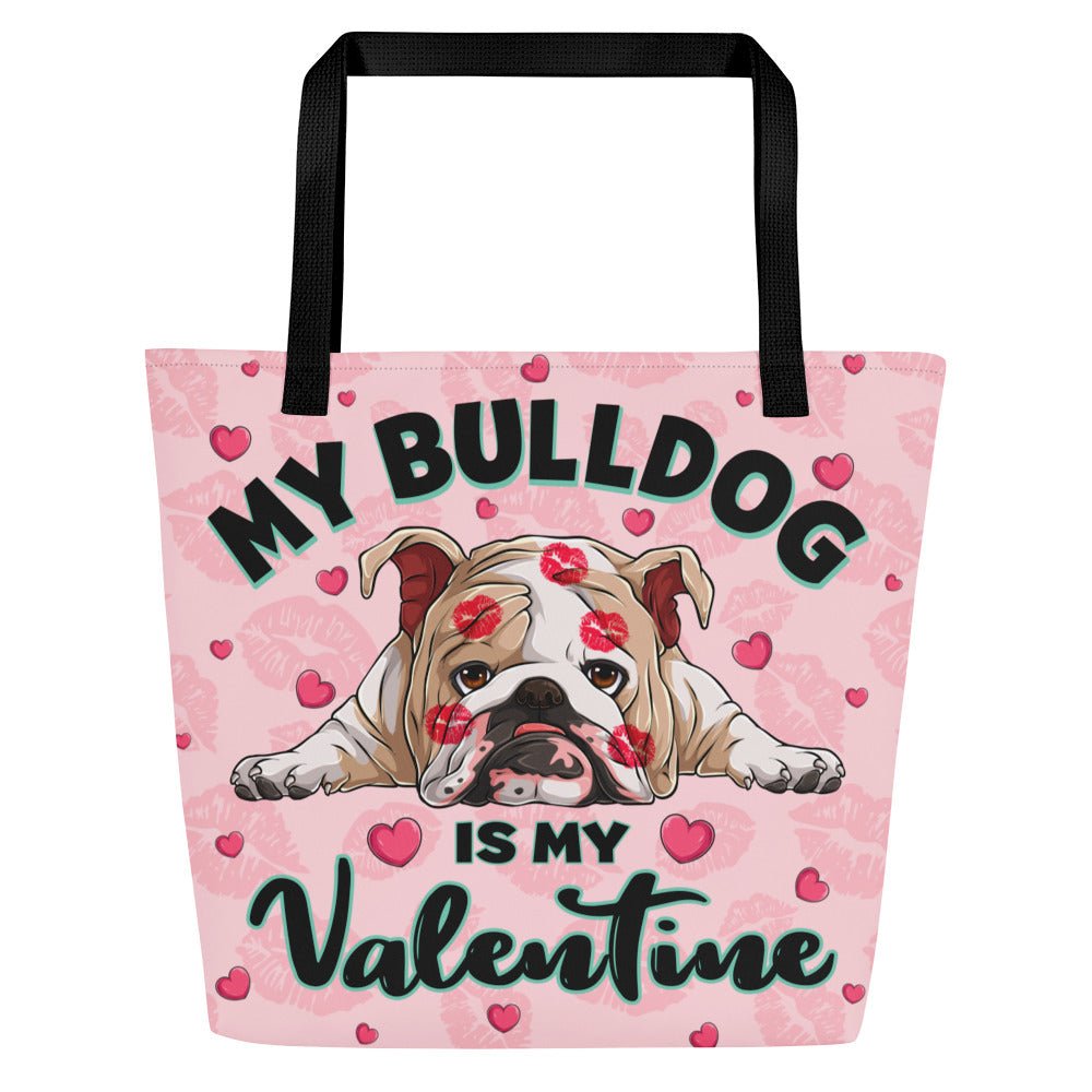 "My Bulldog Is My Valentine" Large Tote Bag with Pocket | Fawn & White Colored