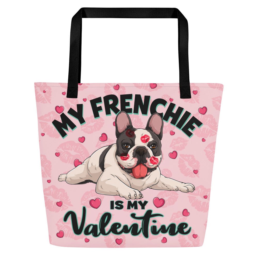 "My Frenchie Is My Valentine" Large Tote Bag with Pocket | B&W Colored