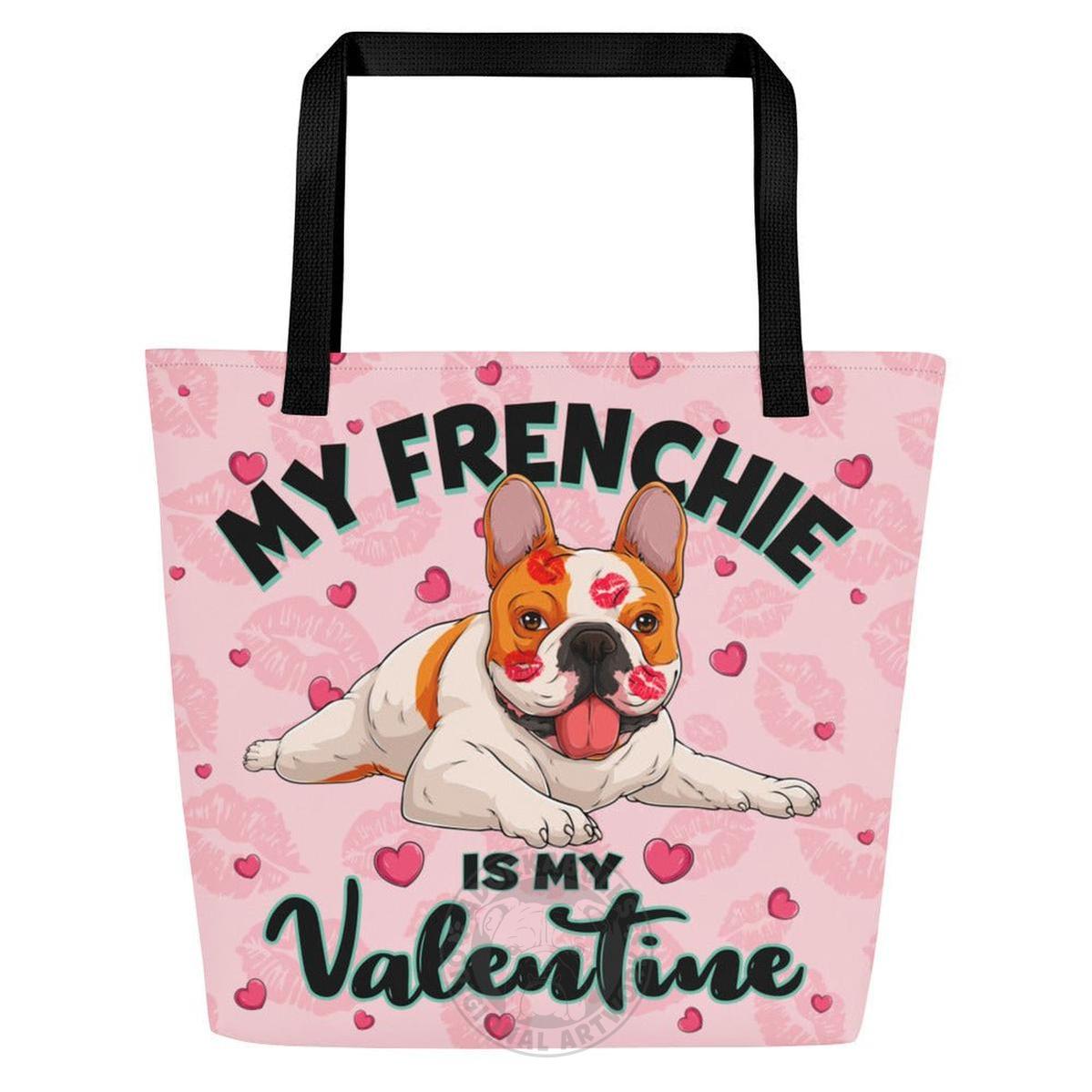 "My Frenchie Is My Valentine" Large Tote Bag with Pocket | Red & White Colored