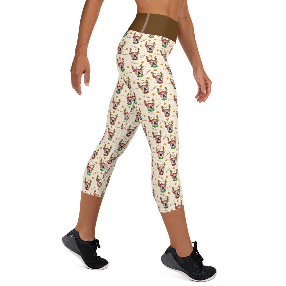"Oh Deer" Bulldog Reindeer Capri Leggings | Fawn & White Colored