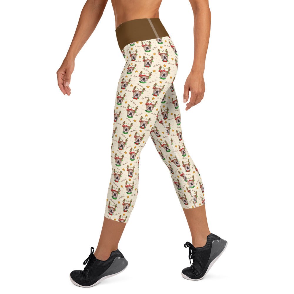 "Oh Deer" Bulldog Reindeer Capri Leggings | Fawn & White Colored