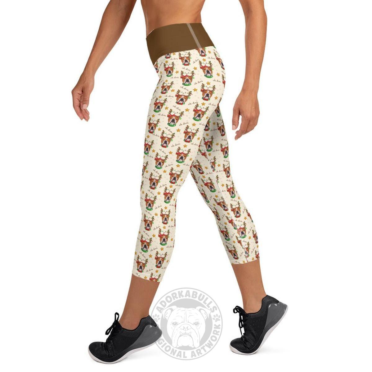 "Oh Deer" Bulldog Reindeer Capri Leggings | Red & White Colored