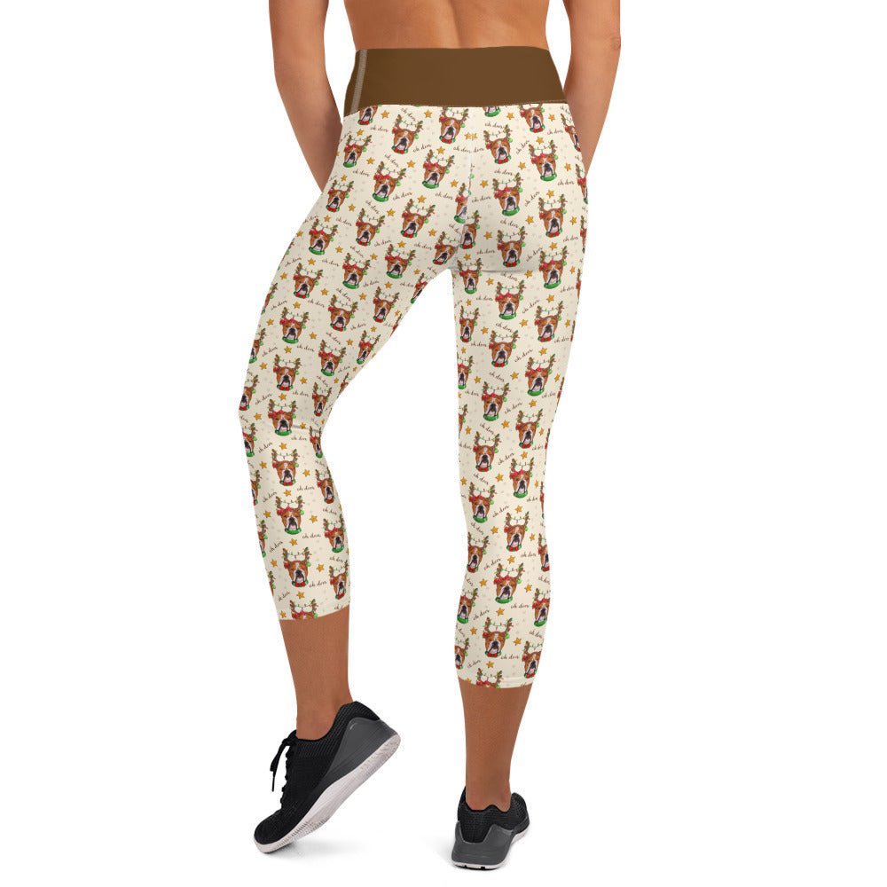 "Oh Deer" Bulldog Reindeer Capri Leggings | Red & White Colored