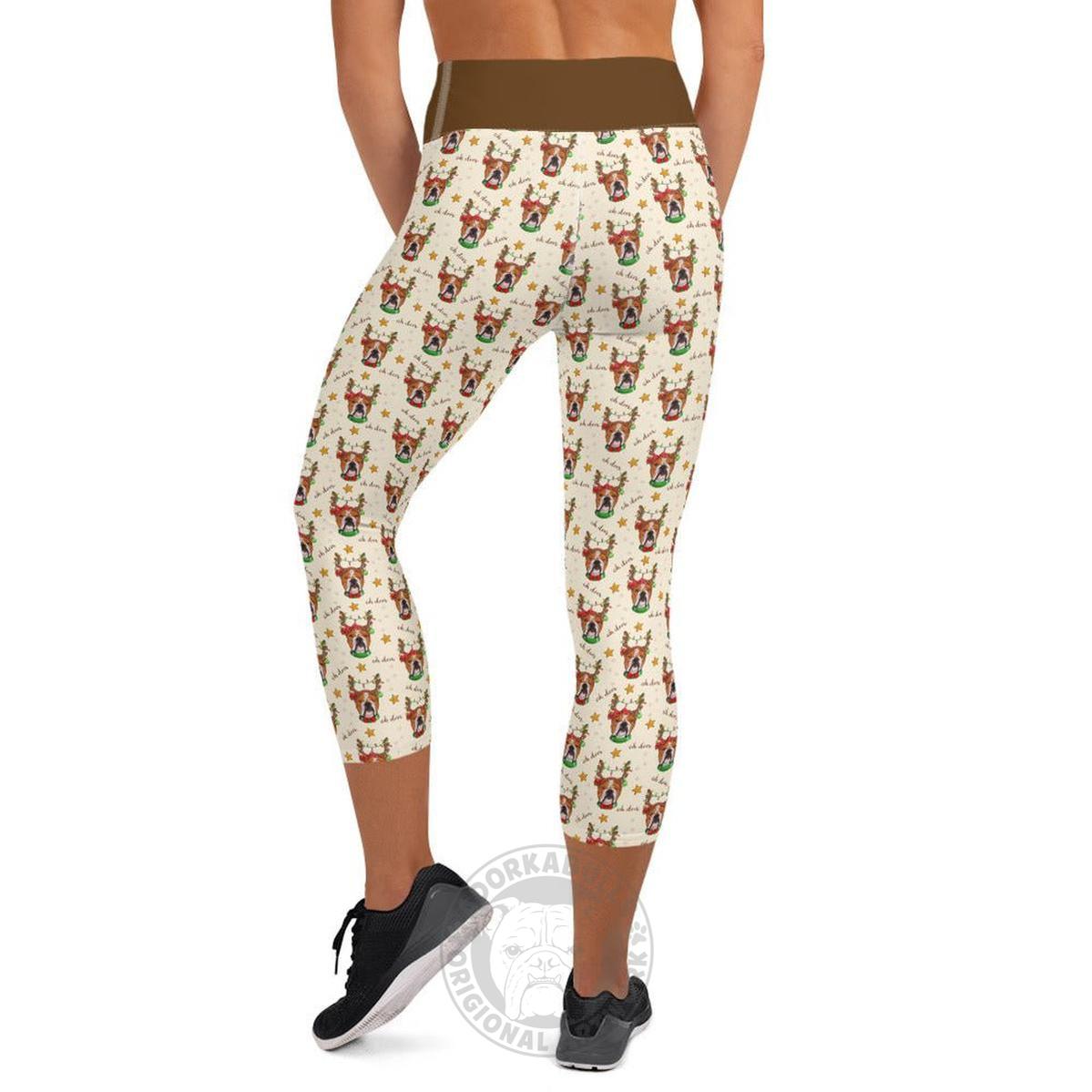 "Oh Deer" Bulldog Reindeer Capri Leggings | Red & White Colored
