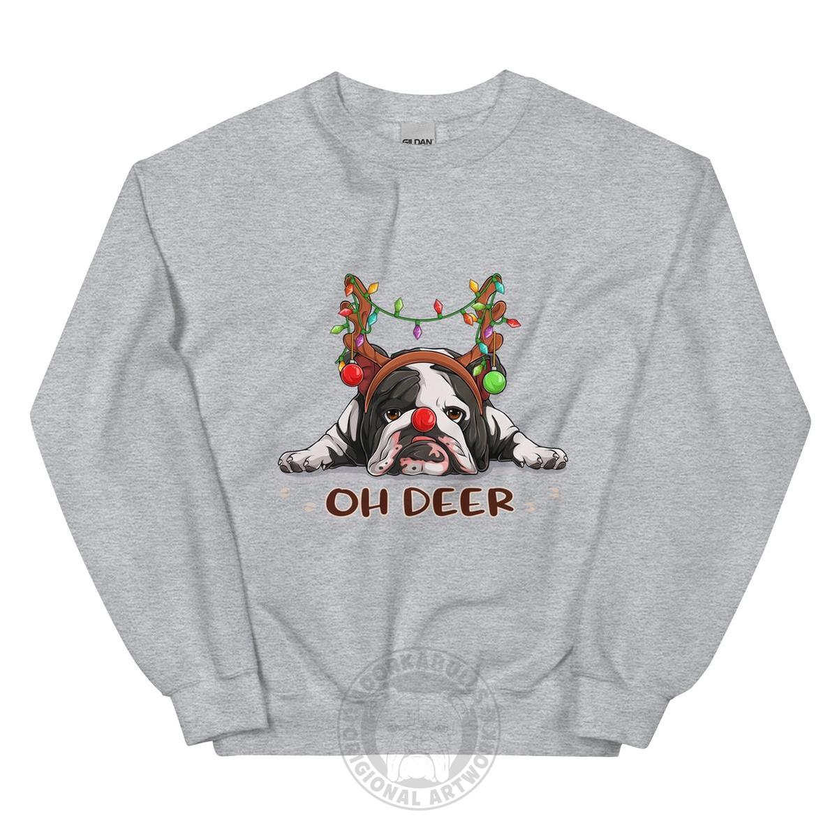 "Oh Deer" English Bulldog Christmas Sweatshirt | B&W Colored