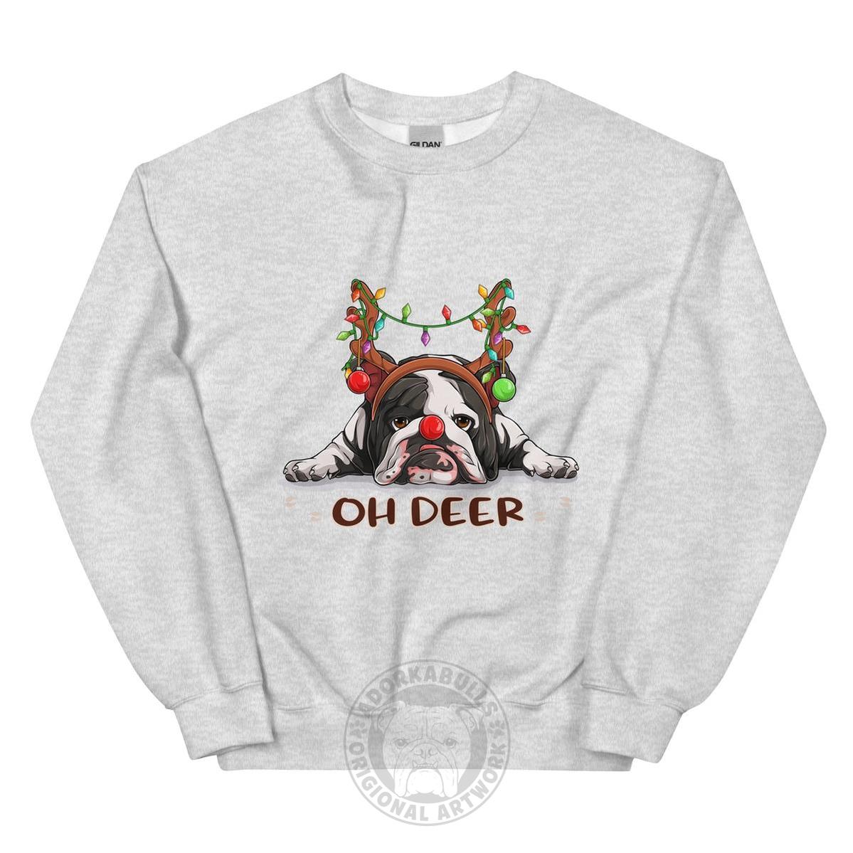 "Oh Deer" English Bulldog Christmas Sweatshirt | B&W Colored