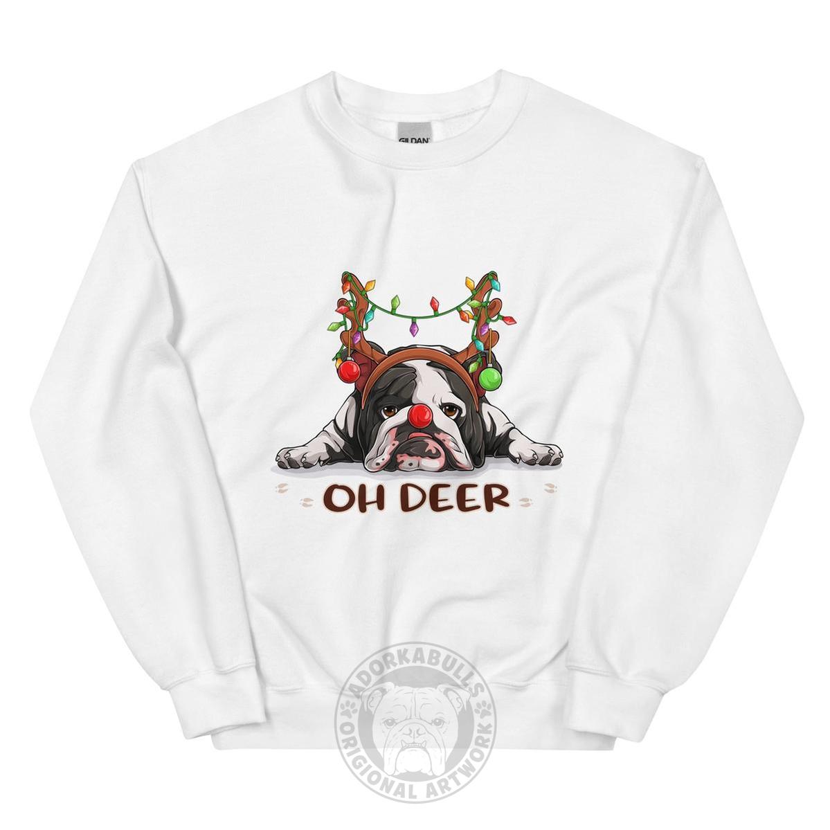 "Oh Deer" English Bulldog Christmas Sweatshirt | B&W Colored