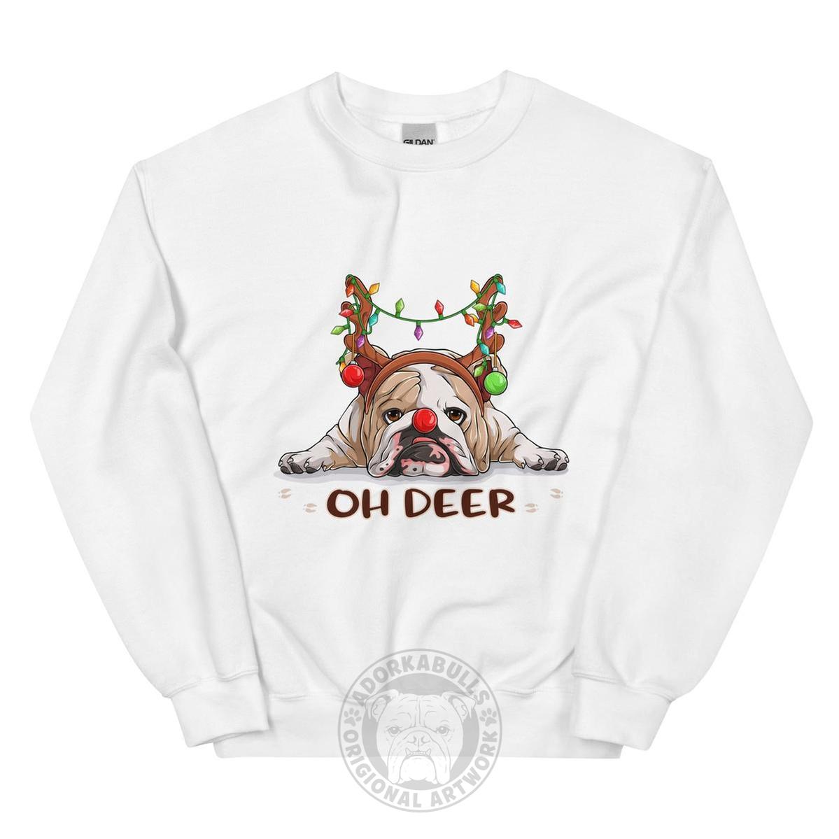 "Oh Deer" English Bulldog Christmas Sweatshirt | Fawn & White Colored