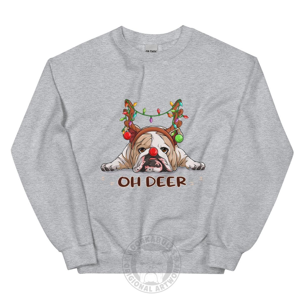 "Oh Deer" English Bulldog Christmas Sweatshirt | Fawn & White Colored