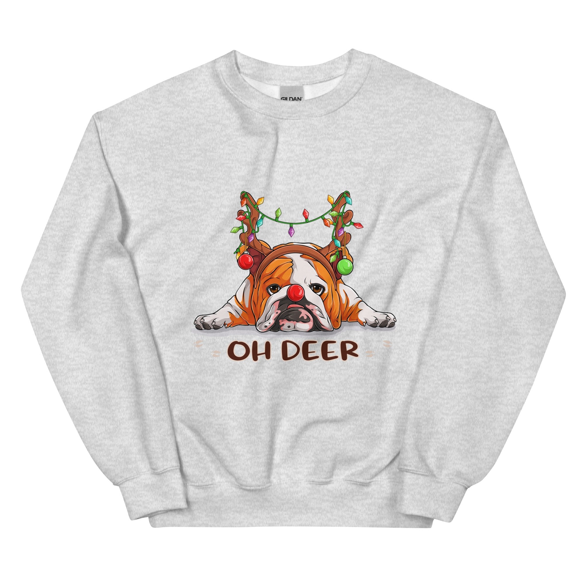"Oh Deer" English Bulldog Christmas Sweatshirt | Red & White Colored
