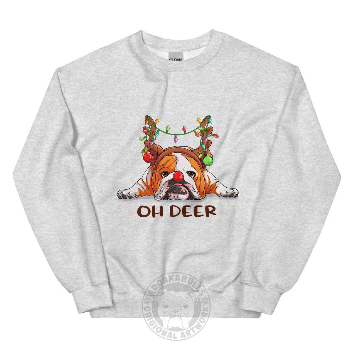 "Oh Deer" English Bulldog Christmas Sweatshirt | Red & White Colored