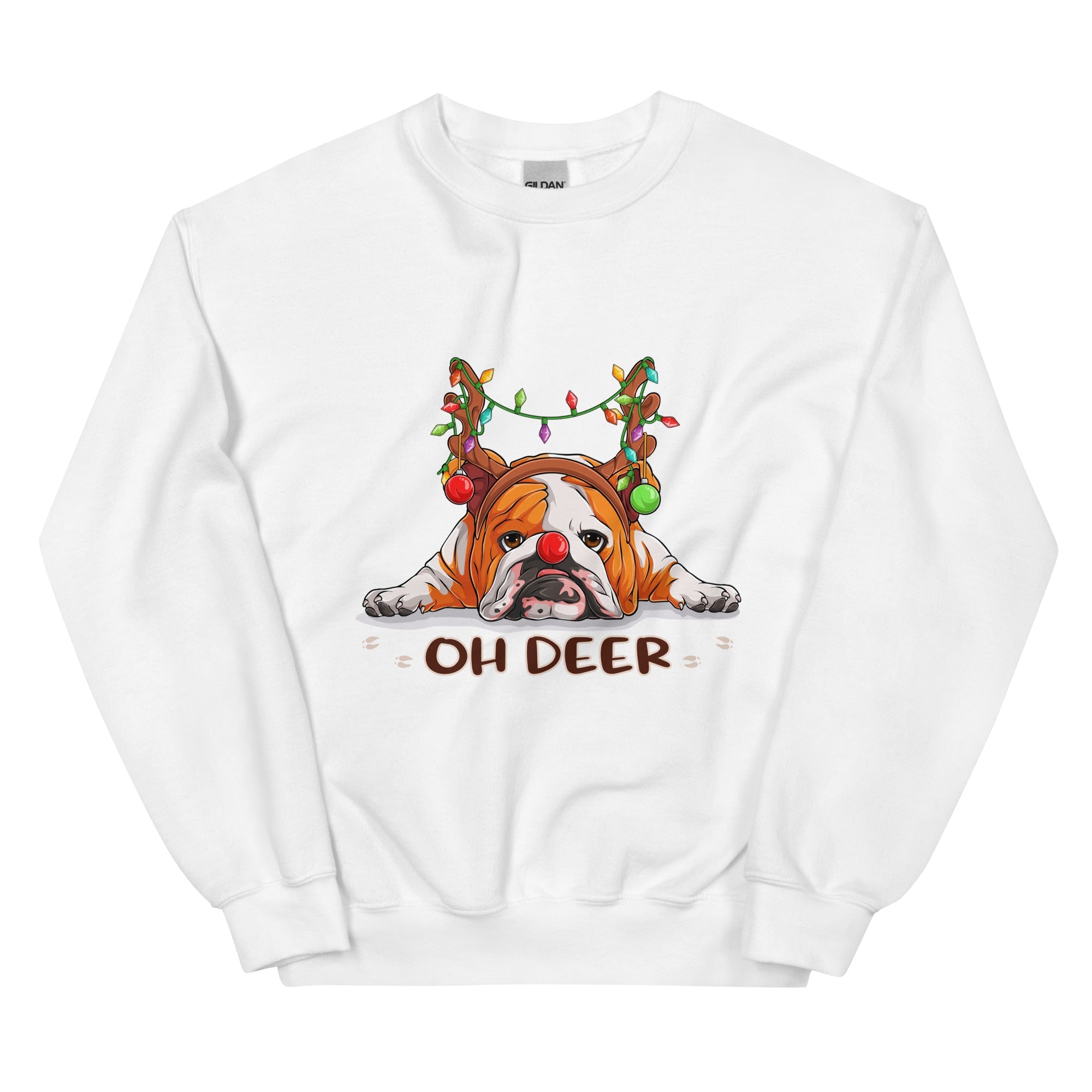 "Oh Deer" English Bulldog Christmas Sweatshirt | Red & White Colored