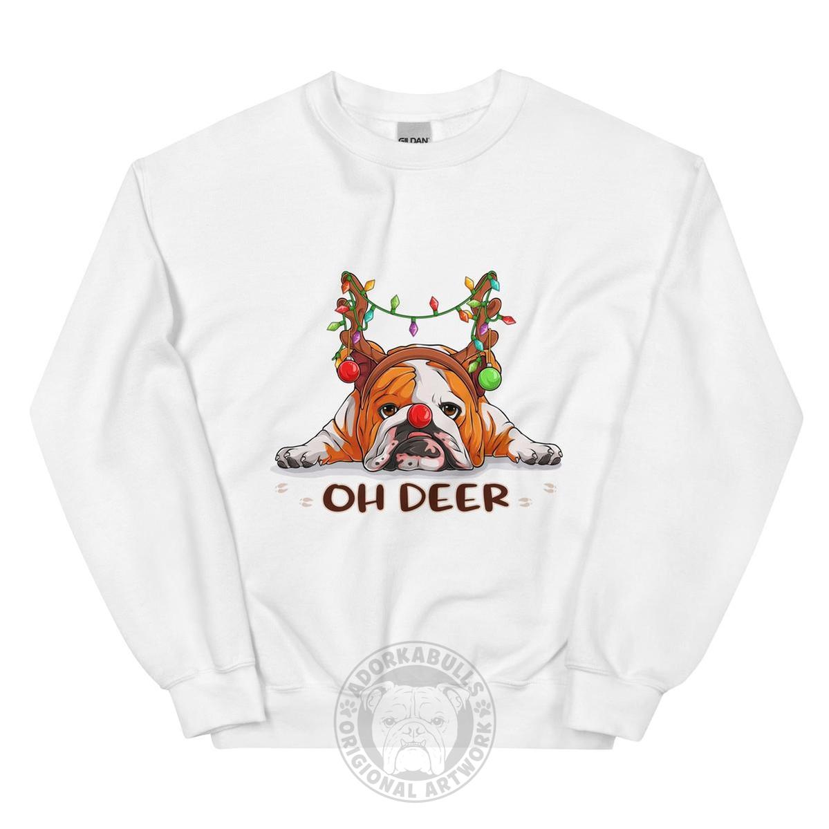 "Oh Deer" English Bulldog Christmas Sweatshirt | Red & White Colored