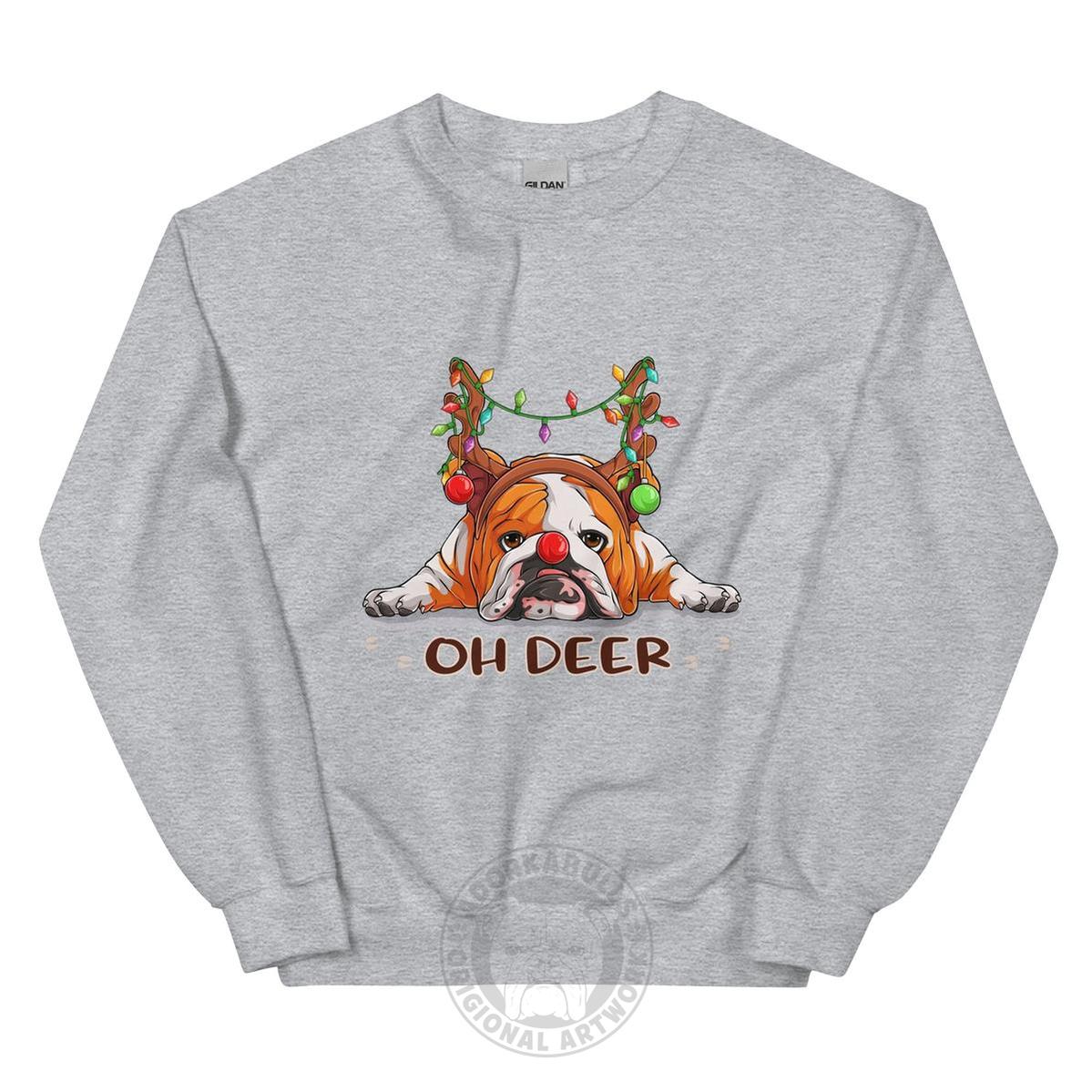 "Oh Deer" English Bulldog Christmas Sweatshirt | Red & White Colored