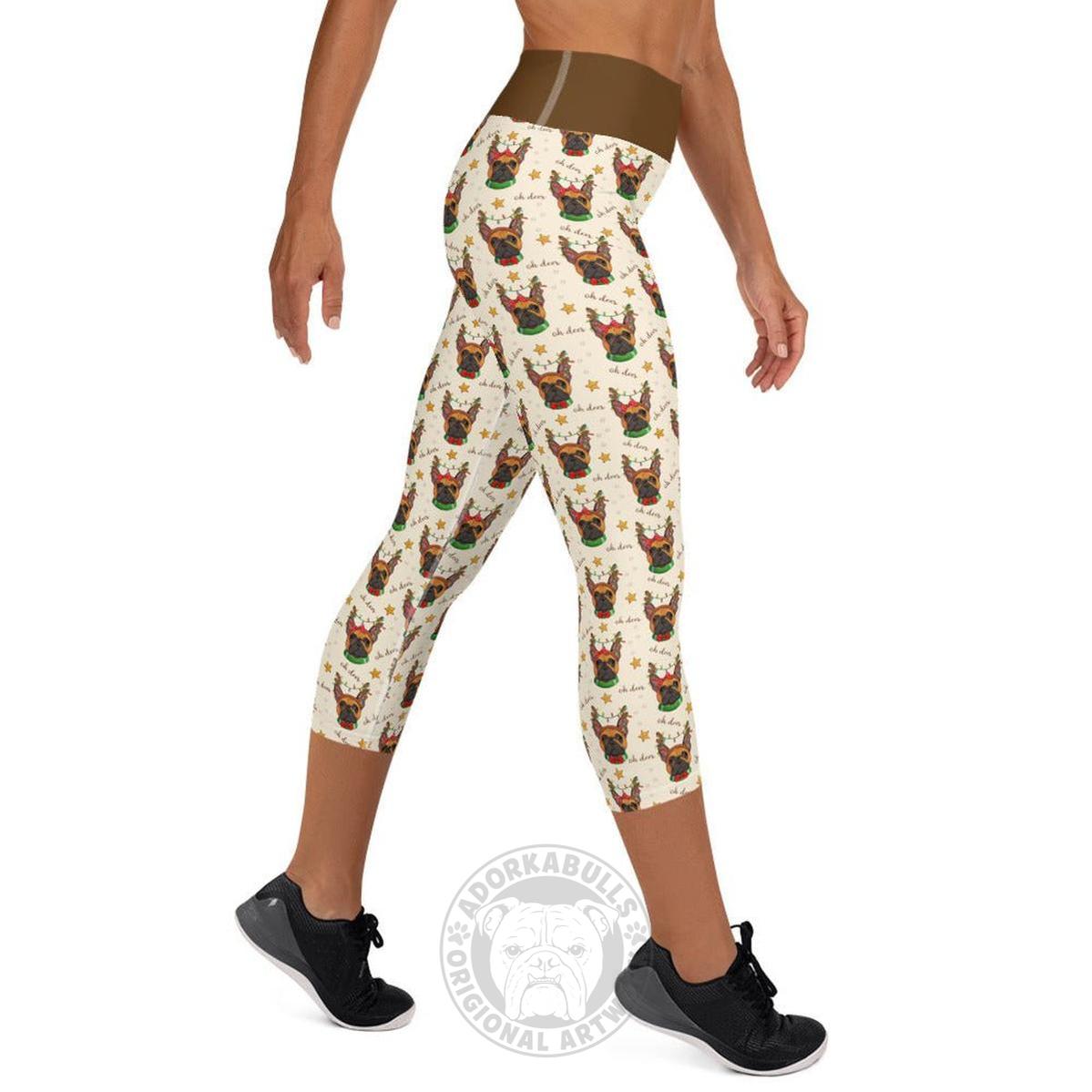"Oh Deer" Frenchie Reindeer Capri Leggings | Red & White Colored