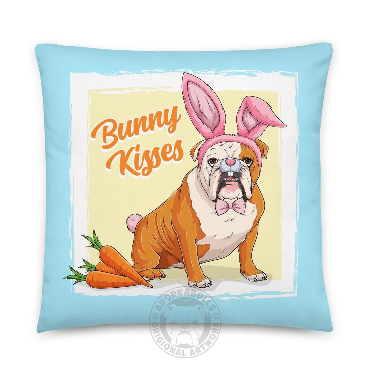 Pink "Bunny Kisses" Male English Bulldog Throw Pillow | Red & White Colored