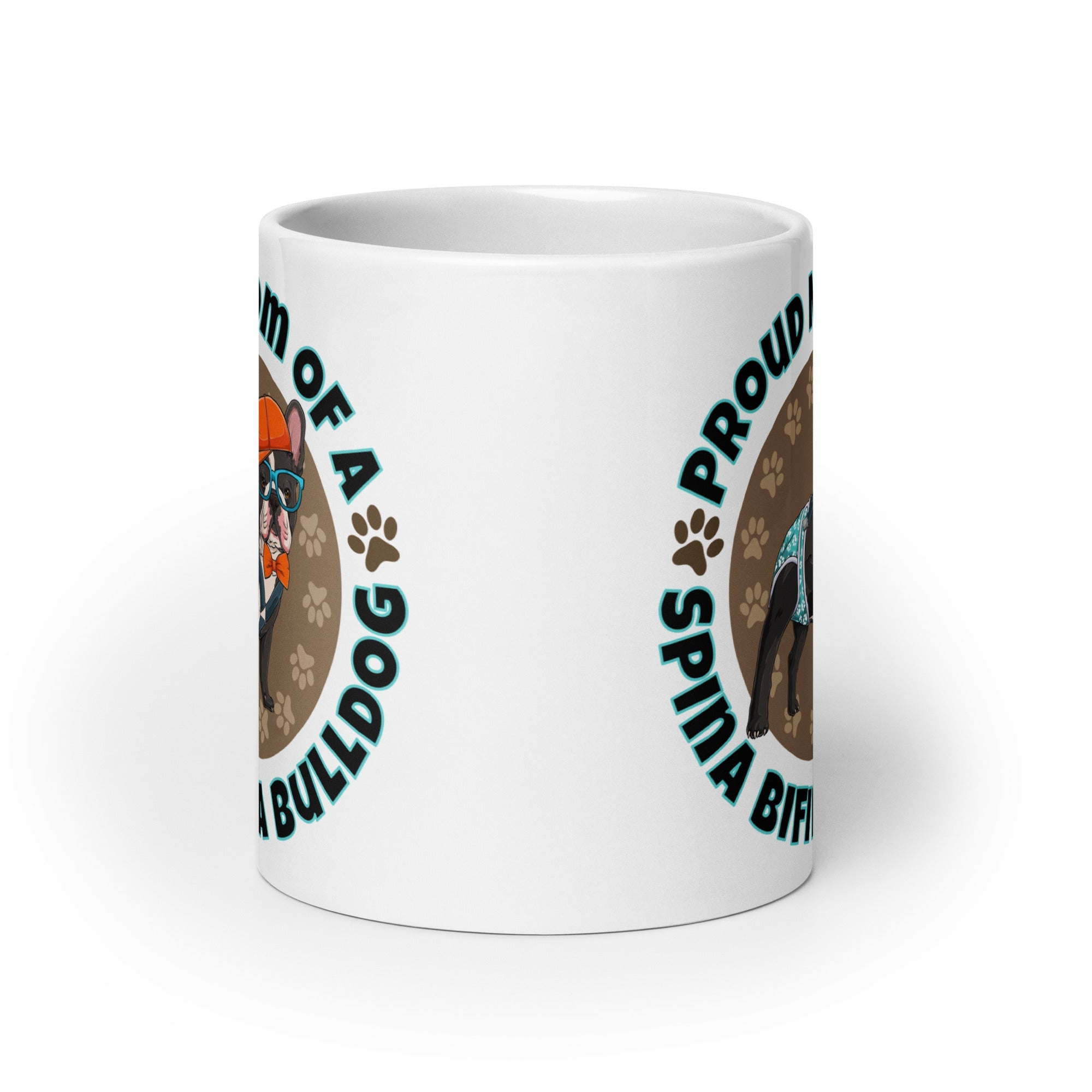 "Proud Mom of a Spina Bifida Bulldog" Male Frenchie Mug | B&W Colored