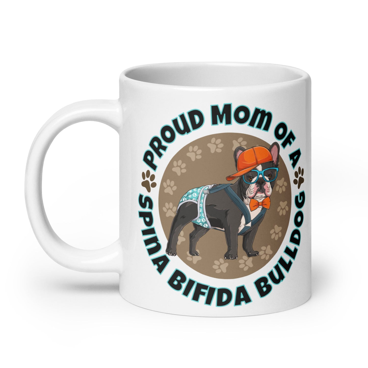 "Proud Mom of a Spina Bifida Bulldog" Male Frenchie Mug | B&W Colored