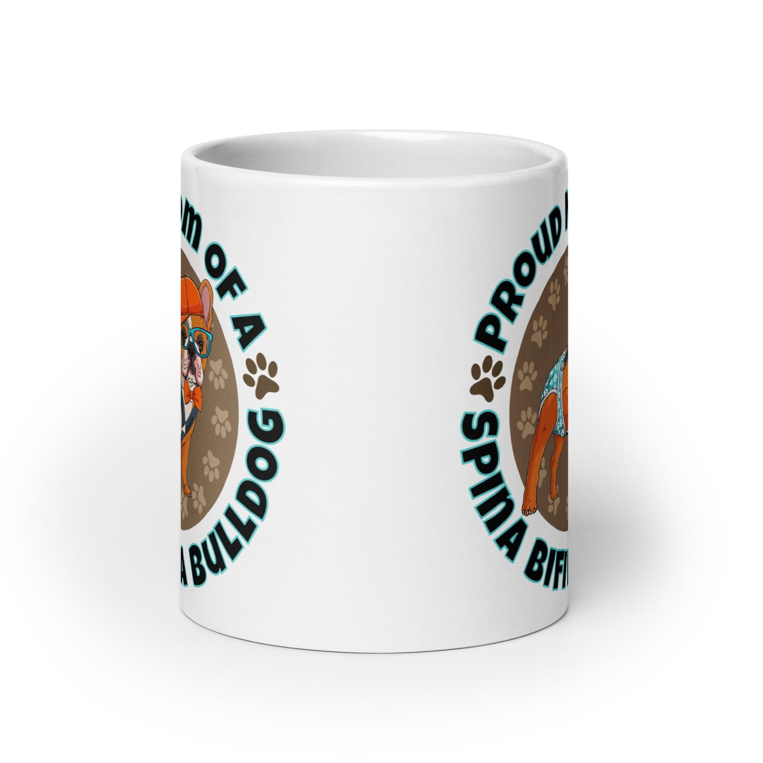 "Proud Mom of a Spina Bifida Bulldog" Male Frenchie Mug | Red & White Colored