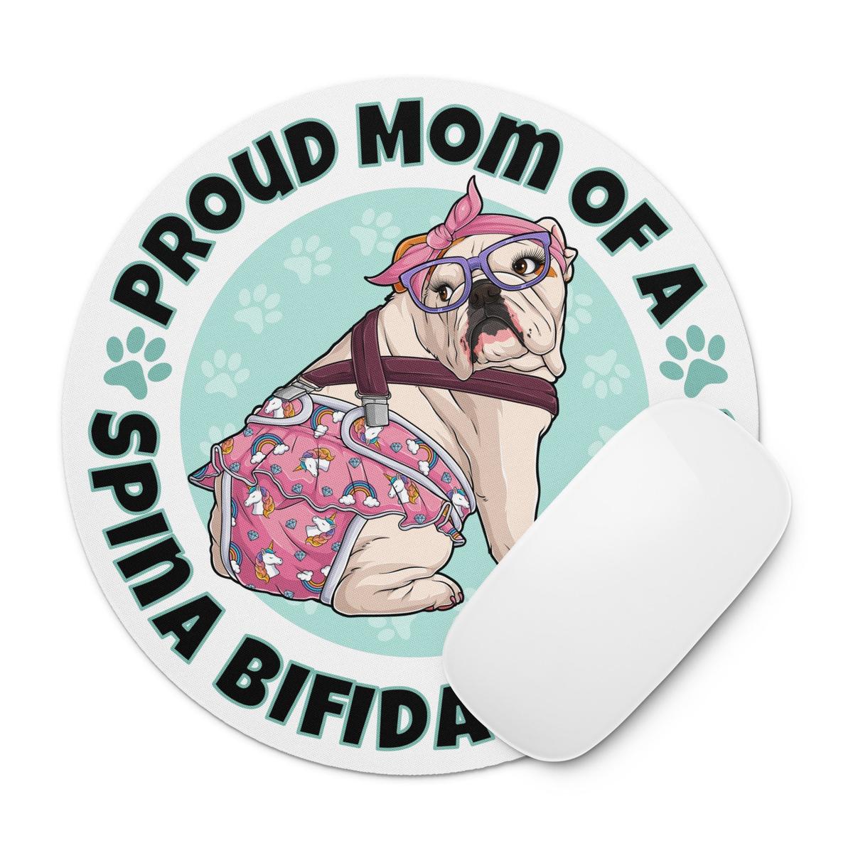 "Proud Mom of a Spina Bifida Bulldog" Mouse Pad | Red & White Colored Female