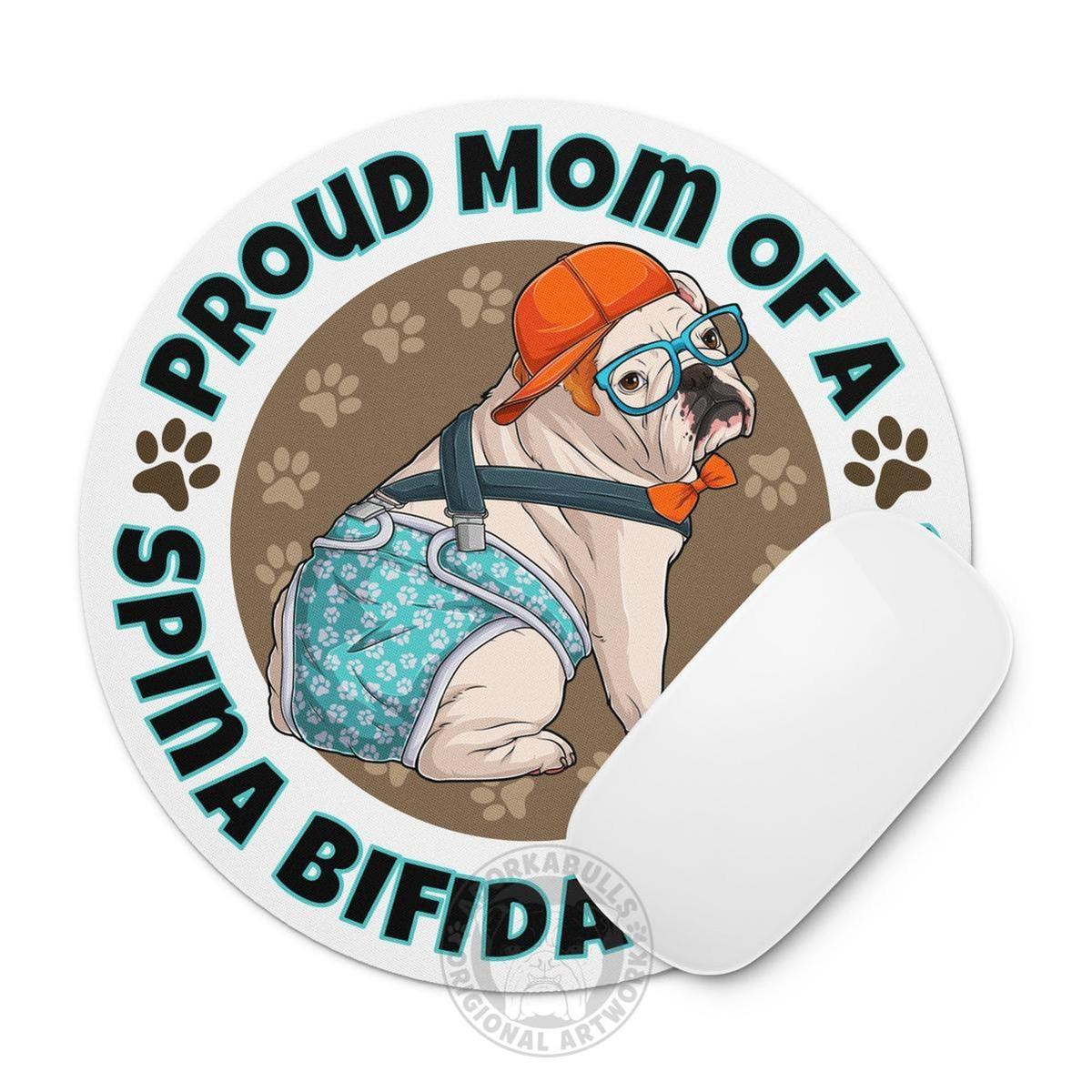 "Proud Mom of a Spina Bifida Bulldog" Mouse Pad | Red & White Colored Male