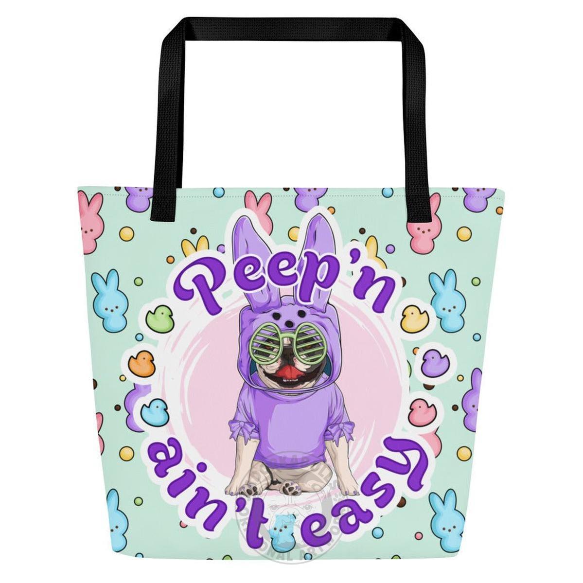 Purple "Peep’n Ain’t Easy" Female Frenchie Tote Bag with Pocket | B&W Colored