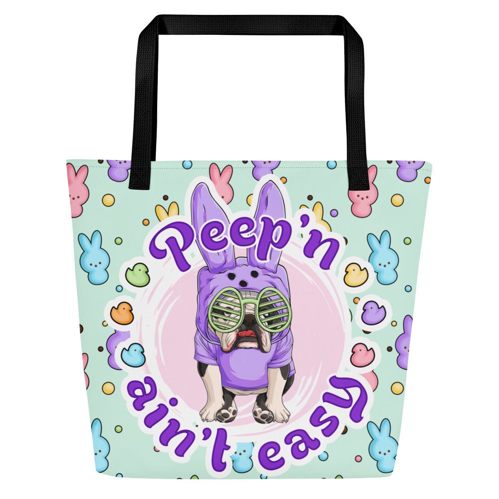 Purple "Peep’n Ain’t Easy" Male Bulldog Tote Bag with Pocket | B&W Colored