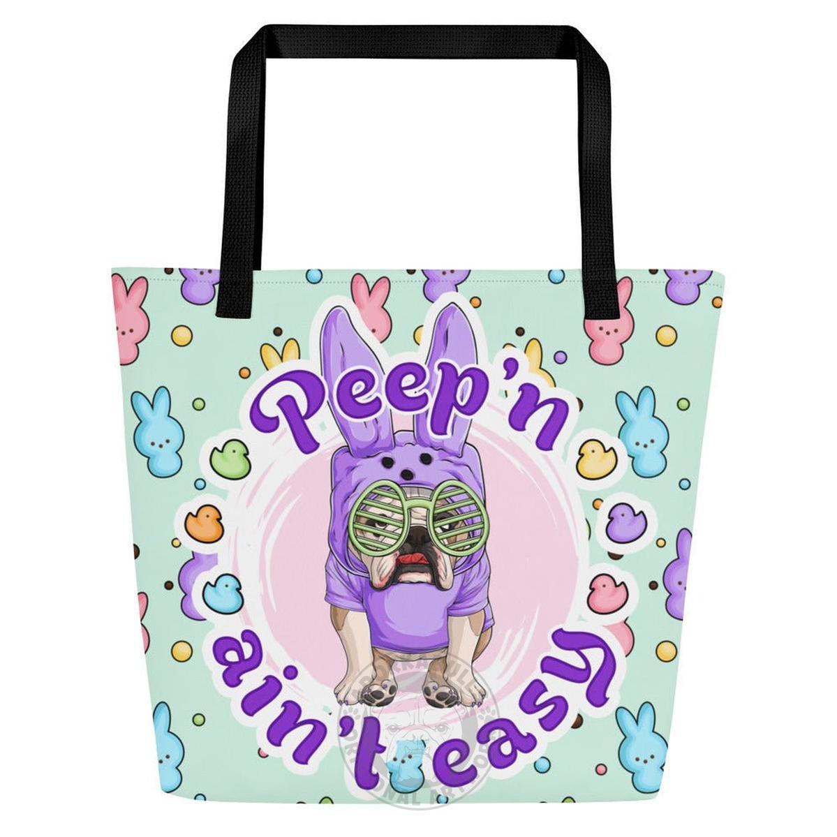 Purple "Peep’n Ain’t Easy" Male Bulldog Tote Bag with Pocket | Fawn & White Colored