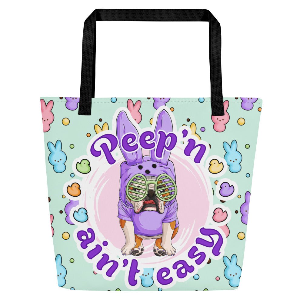 Purple "Peep’n Ain’t Easy" Male Bulldog Tote Bag with Pocket | Red & White Colored