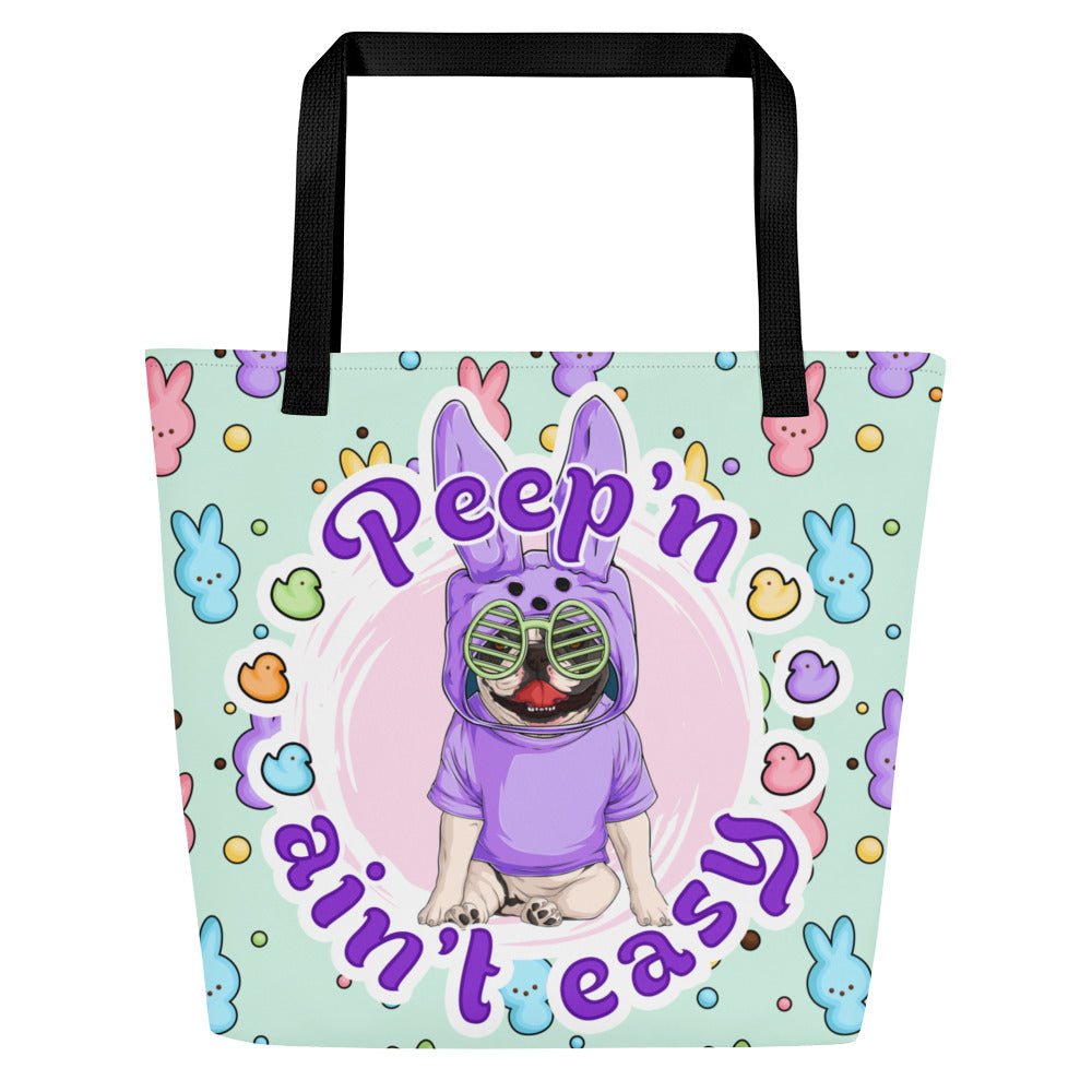 Purple "Peep’n Ain’t Easy" Male Frenchie Tote Bag with Pocket | B&W Colored