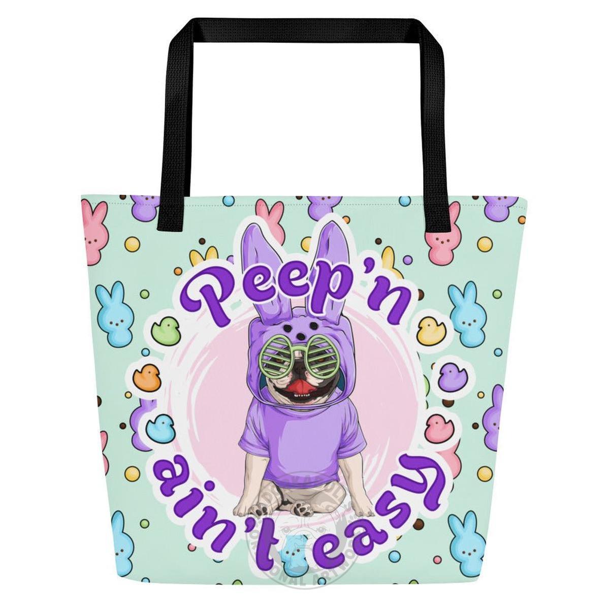 Purple "Peep’n Ain’t Easy" Male Frenchie Tote Bag with Pocket | B&W Colored
