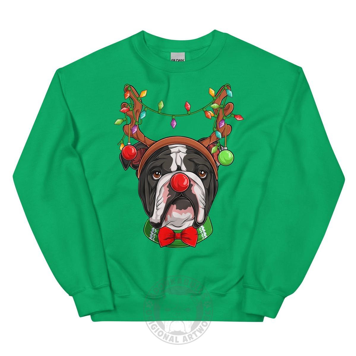 Red - Nosed Bulldog Christmas Crewneck | B&W Colored