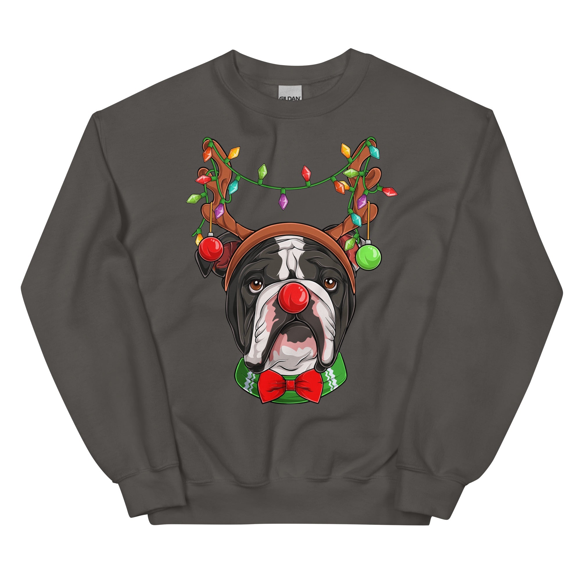 Red - Nosed Bulldog Christmas Crewneck | B&W Colored