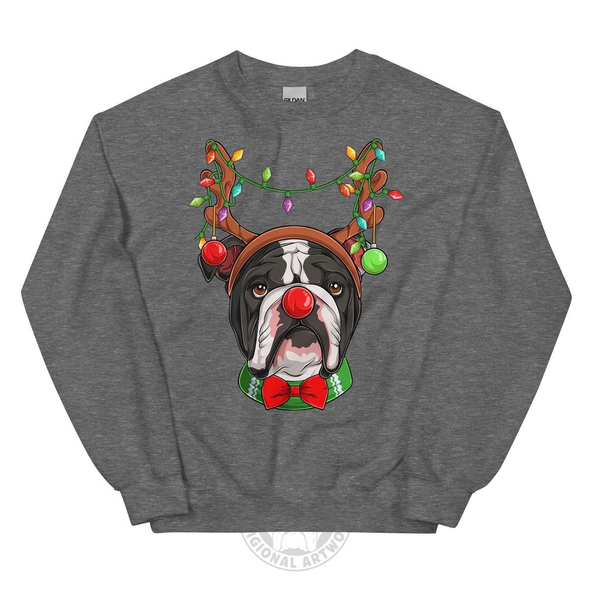 Red - Nosed Bulldog Christmas Crewneck | B&W Colored