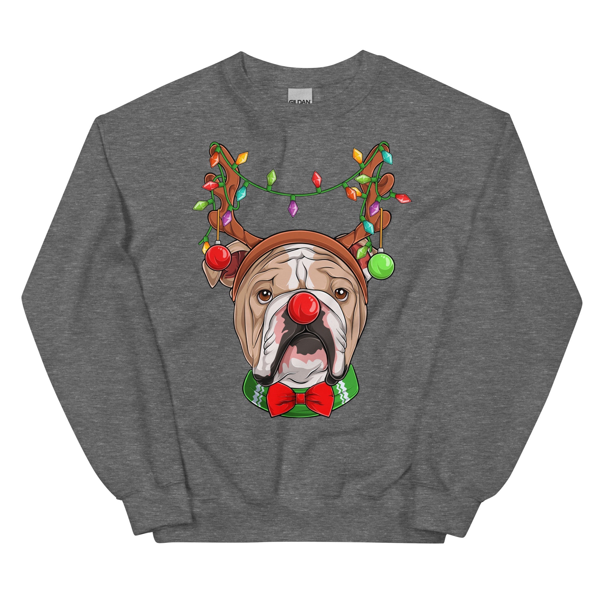 Red - Nosed Bulldog Christmas Crewneck | Fawn & White Colored