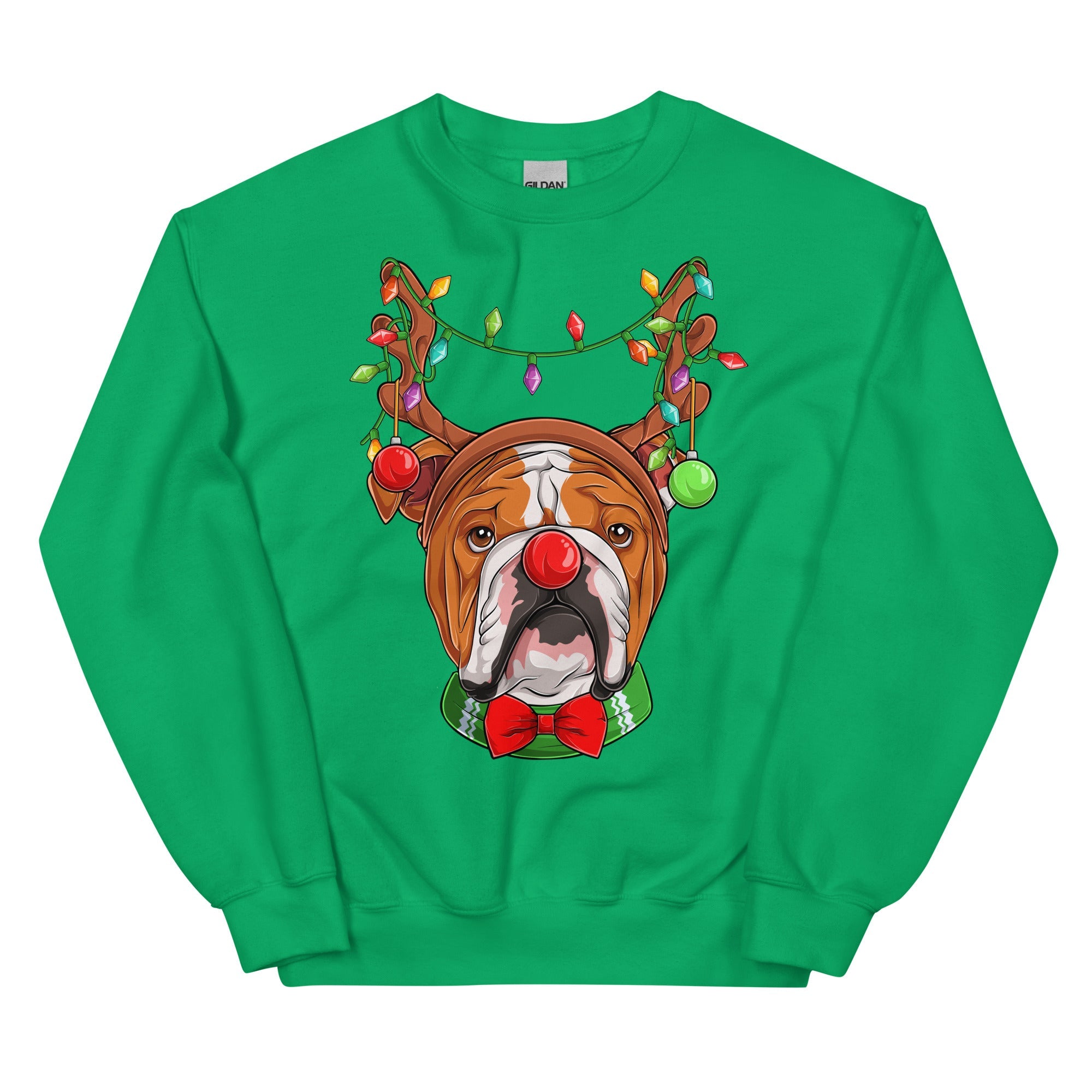 Red - Nosed Bulldog Christmas Crewneck | Red & White Colored