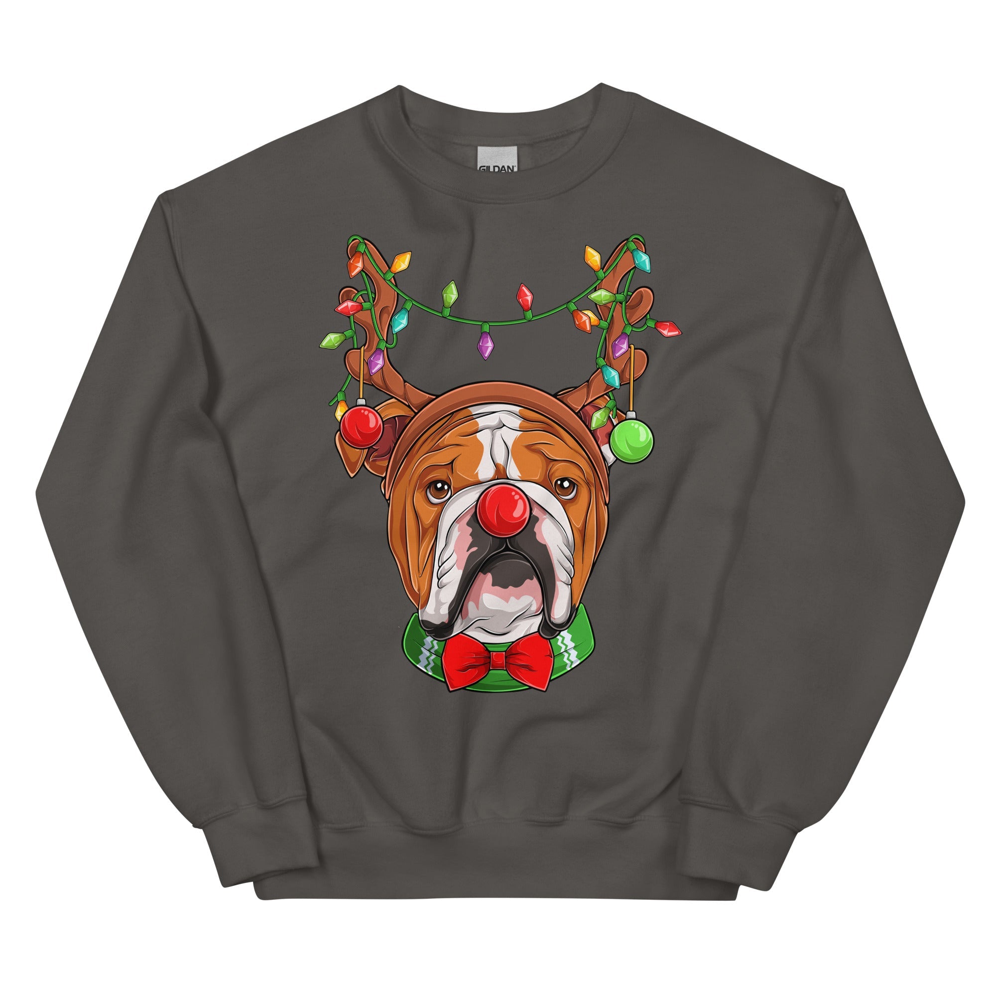 Red - Nosed Bulldog Christmas Crewneck | Red & White Colored