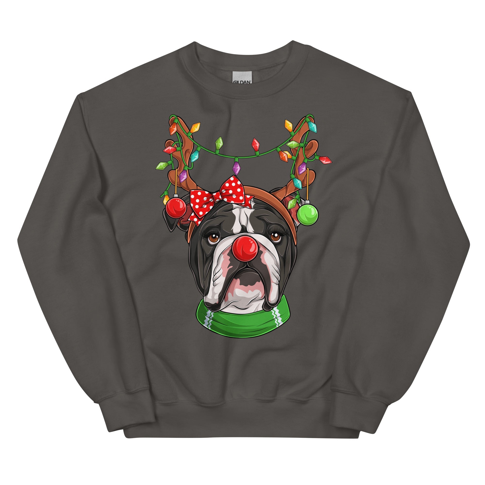 Red - Nosed Female Bulldog Christmas Crewneck | B&W Colored