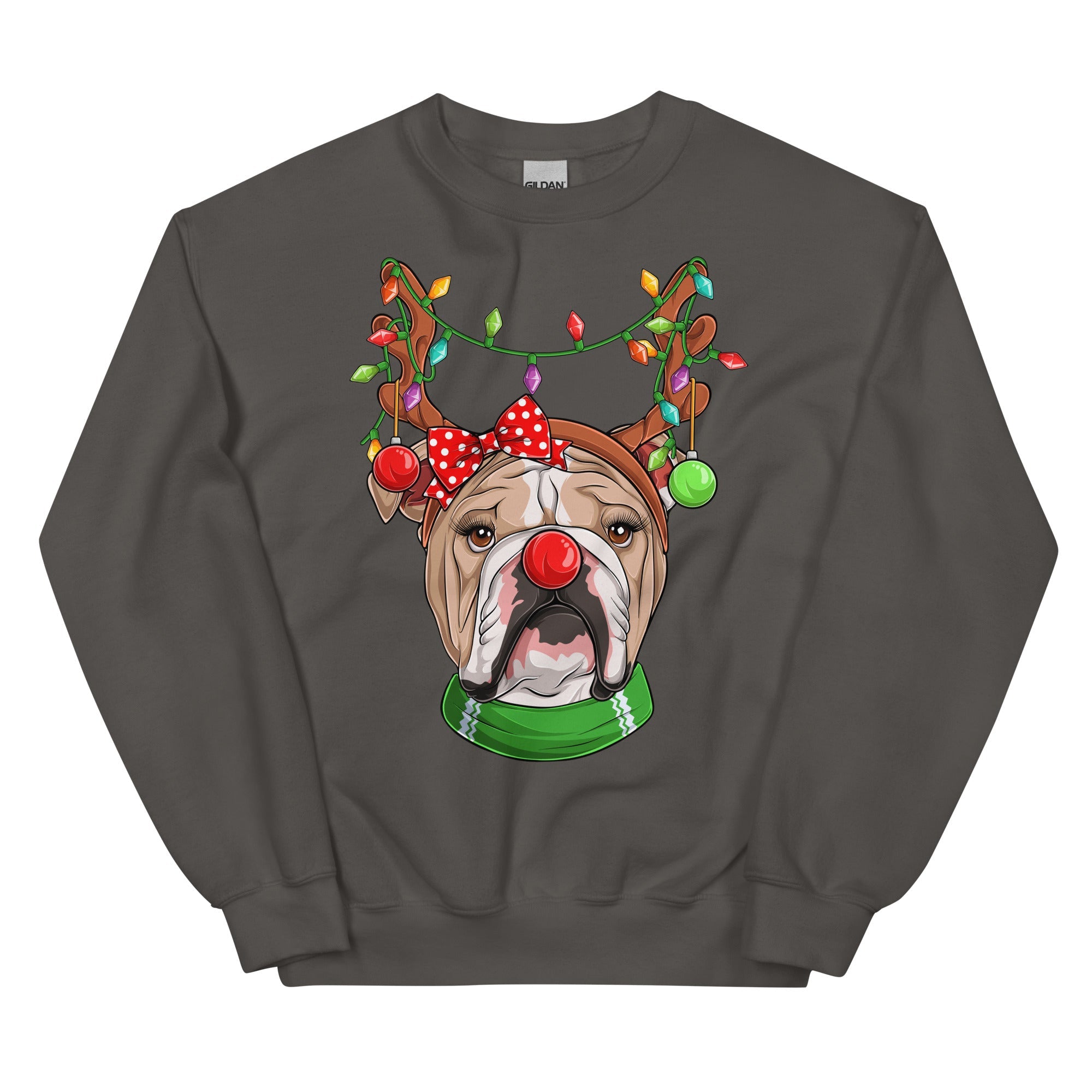 Red - Nosed Female Bulldog Christmas Crewneck | Fawn & White Colored