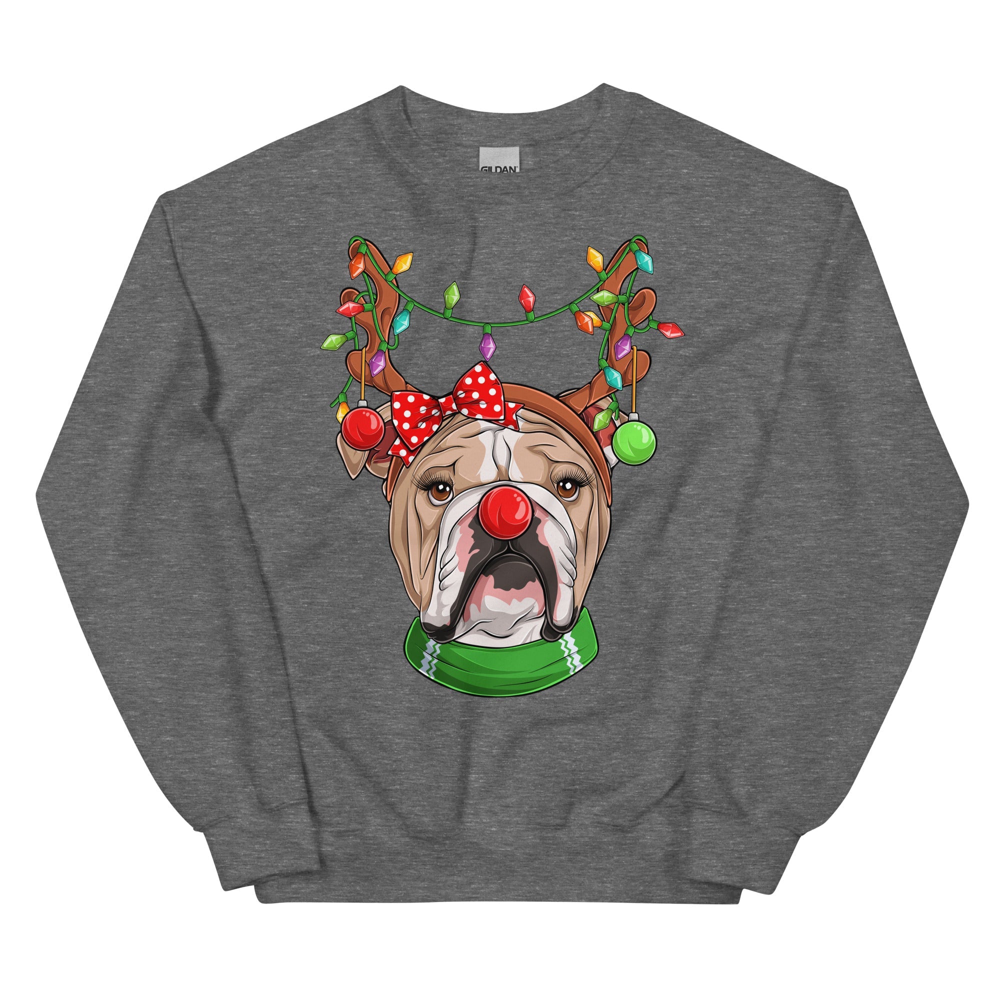 Red - Nosed Female Bulldog Christmas Crewneck | Fawn & White Colored