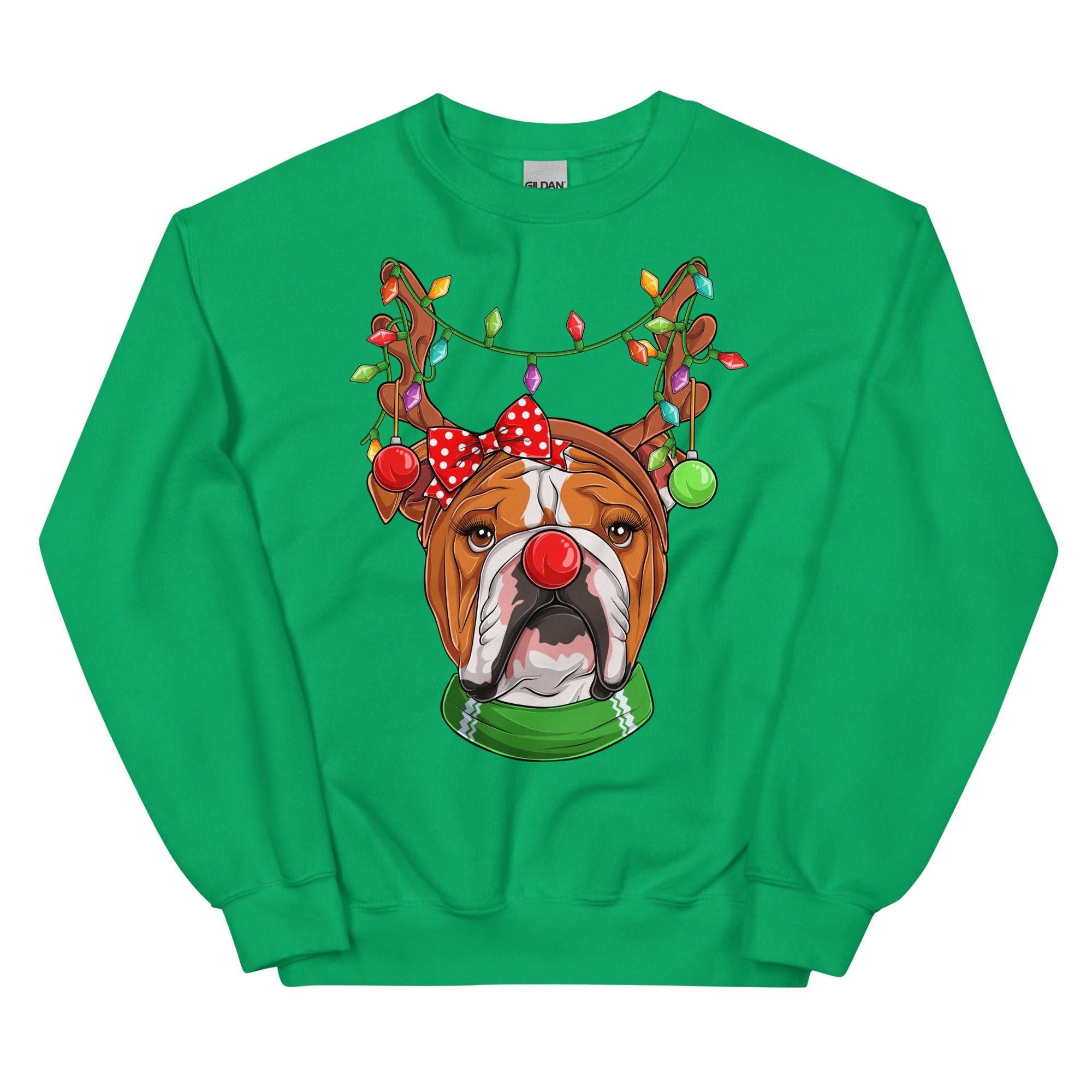 Red - Nosed Female Bulldog Christmas Crewneck | Red & White Colored