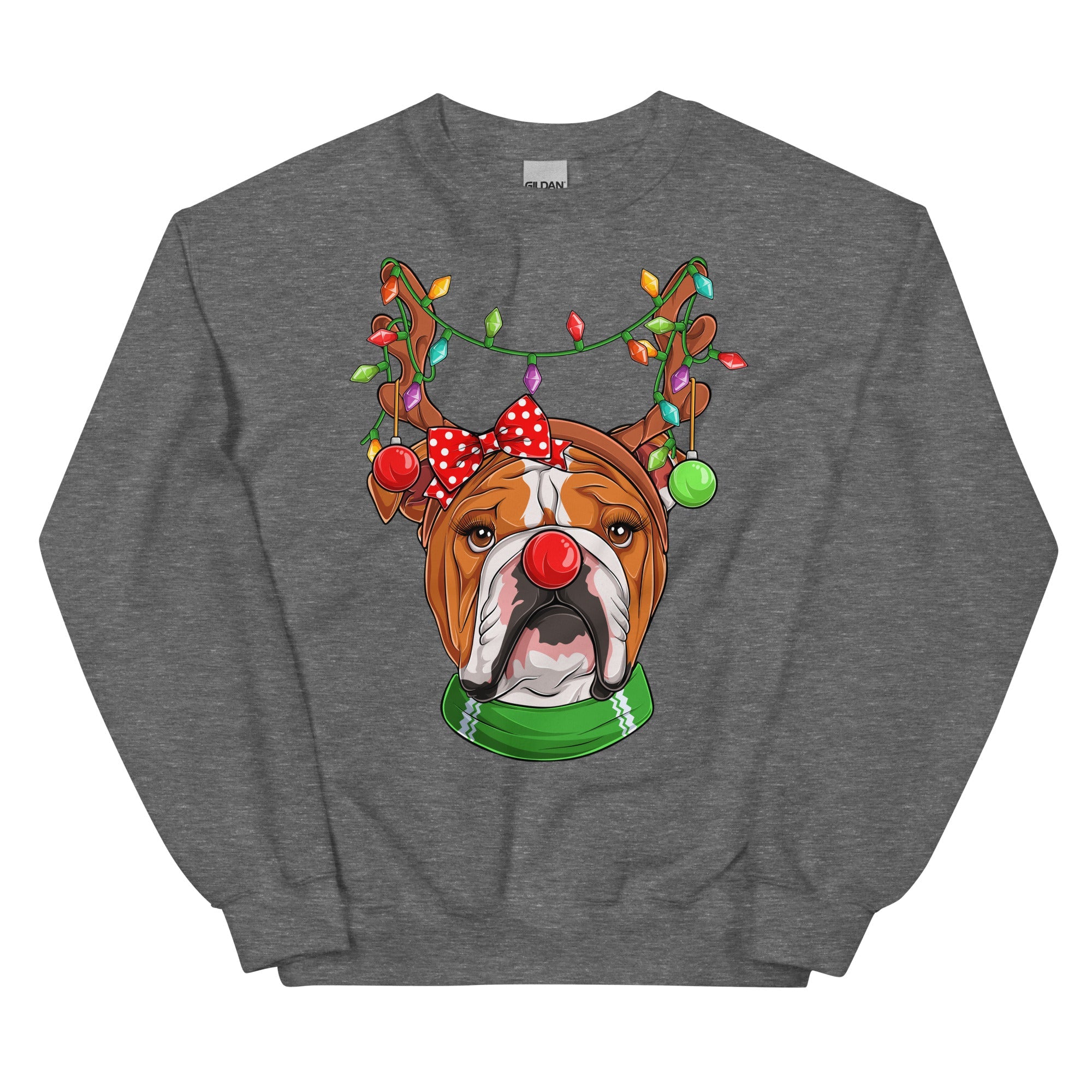 Red - Nosed Female Bulldog Christmas Crewneck | Red & White Colored