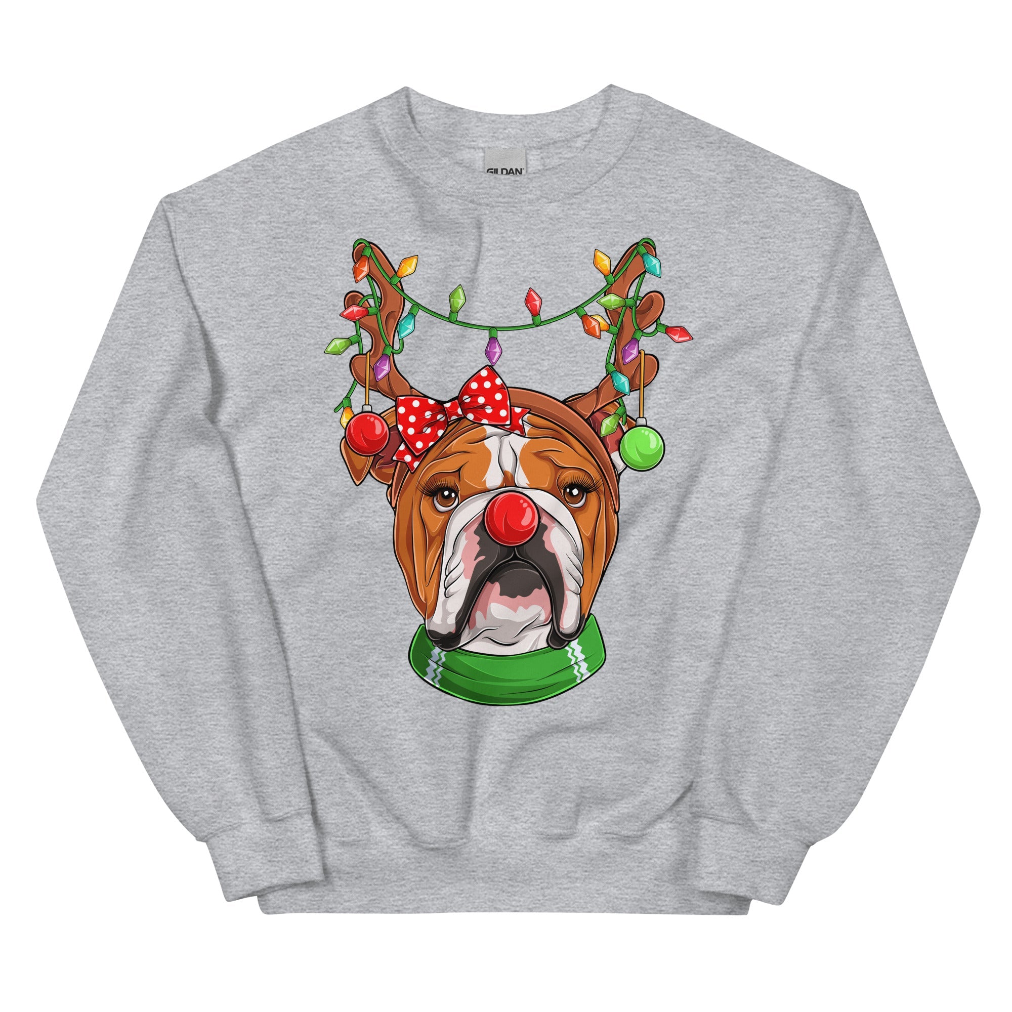 Red - Nosed Female Bulldog Christmas Crewneck | Red & White Colored